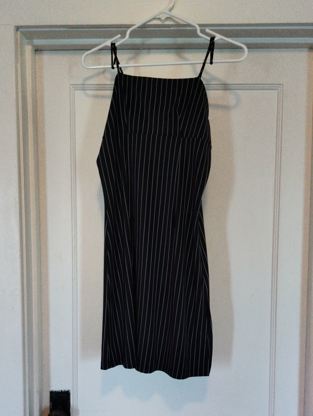 Women's Black Pinstripe Midi Slip Dress with Spaghetti Straps